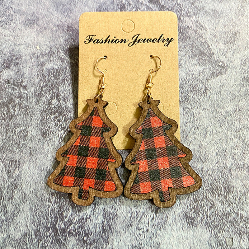 Wholesale Christmas Black and Red Plaid Christmas Tree Wooden Earrings